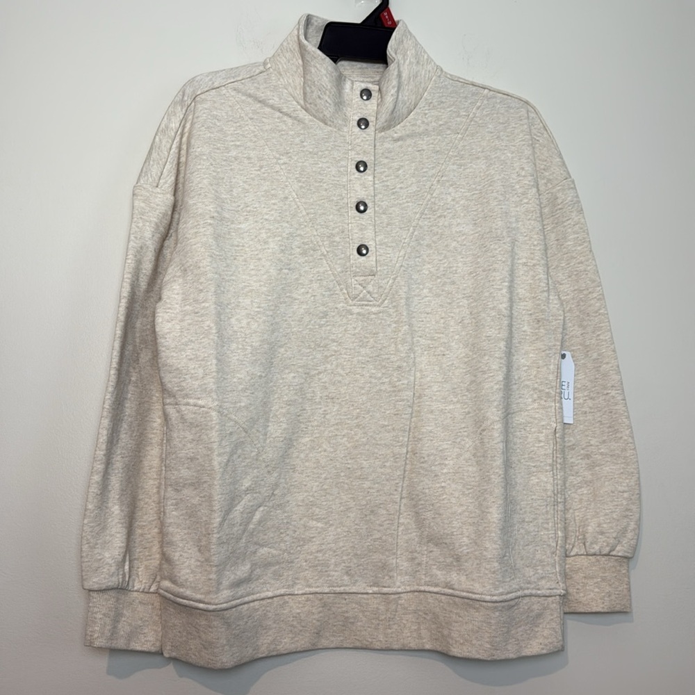 Mock Neck Henley Creme Beige Tan Button-Up Pullover Sweatshirt Size M NWT - Picture 7 of 9